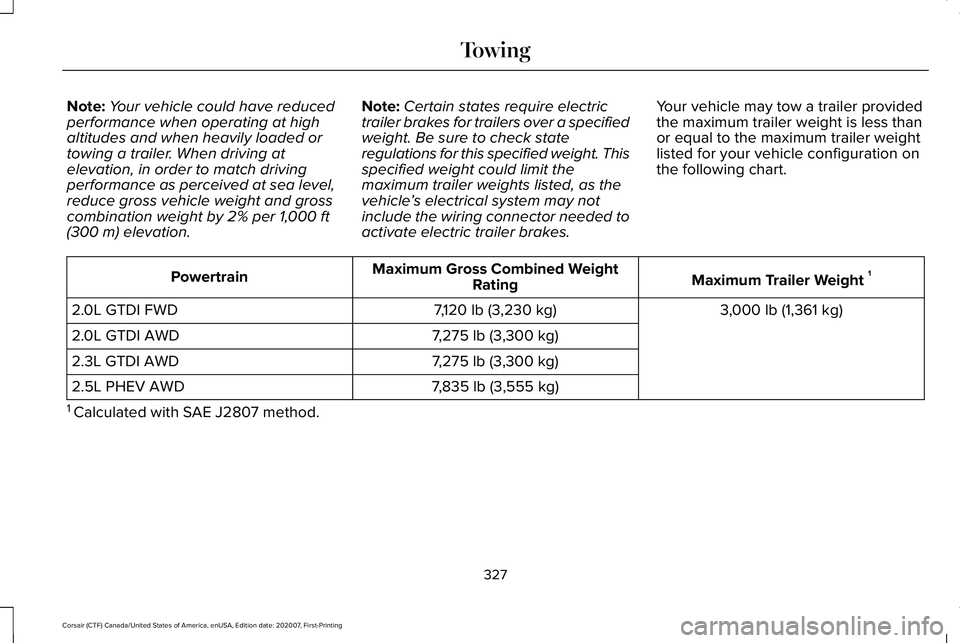 LINCOLN CORSAIR 2021  Owners Manual Note:
Your vehicle could have reduced
performance when operating at high
altitudes and when heavily loaded or
towing a trailer. When driving at
elevation, in order to match driving
performance as perc