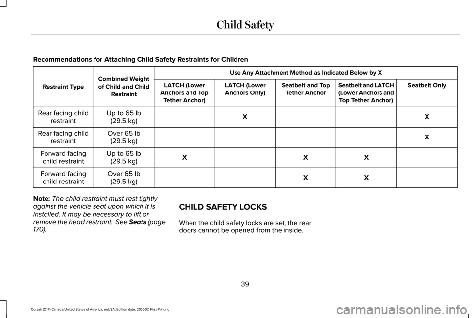 LINCOLN CORSAIR 2021  Owners Manual Recommendations for Attaching Child Safety Restraints for Children
Use Any Attachment Method as Indicated Below by X
Combined Weight
of Child and Child Restraint
Restraint Type
Seatbelt Only
Seatbelt 