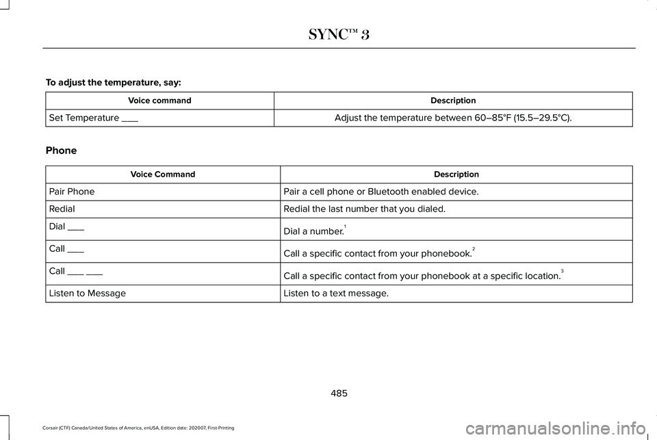 LINCOLN CORSAIR 2021  Owners Manual To adjust the temperature, say:
Description
Voice command
Adjust the temperature between 60–85°F (15.5–29.5°C).
Set Temperature ___
Phone Description
Voice Command
Pair a cell phone or Bluetooth