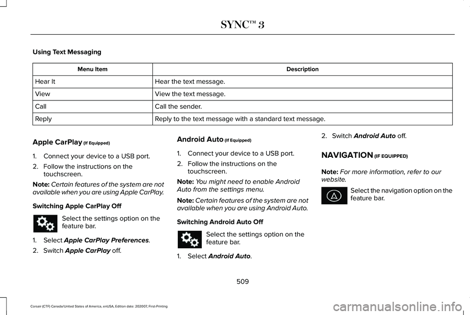 LINCOLN CORSAIR 2021  Owners Manual Using Text Messaging
Description
Menu Item
Hear the text message.
Hear It
View the text message.
View
Call the sender.
Call
Reply to the text message with a standard text message.
Reply
Apple CarPlay 
