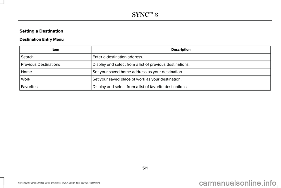 LINCOLN CORSAIR 2021  Owners Manual Setting a Destination
Destination Entry Menu
Description
Item
Enter a destination address.
Search
Display and select from a list of previous destinations.
Previous Destinations
Set your saved home add