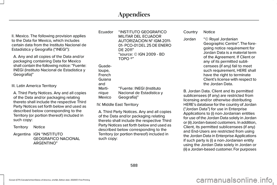 LINCOLN CORSAIR 2021  Owners Manual II. Mexico. The following provision applies
to the Data for Mexico, which includes
certain data from the Instituto Nacional de
Estadística y Geografía (“INEGI”):
A. Any and all copies of the Dat