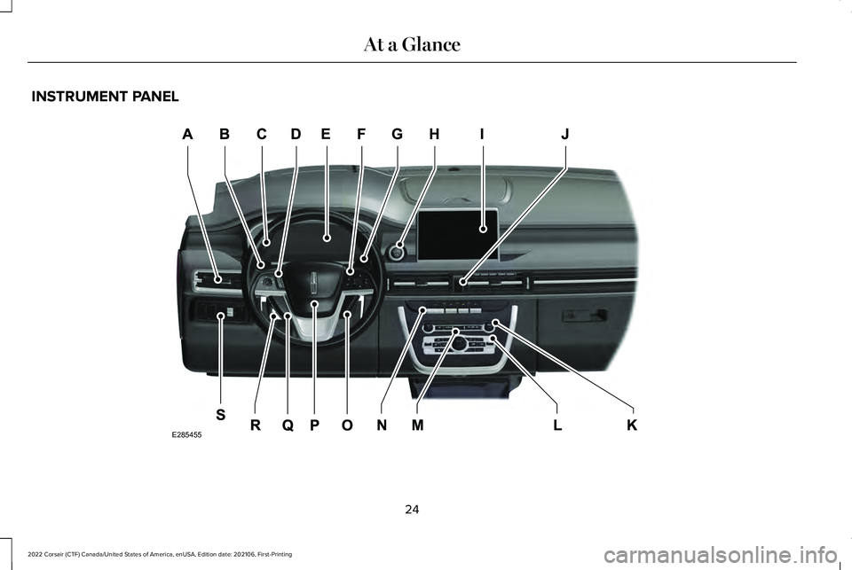 LINCOLN CORSAIR 2022  Owners Manual INSTRUMENT PANEL
24
2022 Corsair (CTF) Canada/United States of America, enUSA, Edition date: 202106, First-Printing At a GlanceE285455  