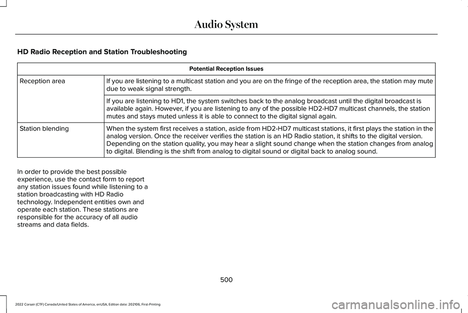 LINCOLN CORSAIR 2022  Owners Manual HD Radio Reception and Station Troubleshooting
Potential Reception Issues
If you are listening to a multicast station and you are on the fringe of\
 the reception area, the station may mute
due to wea