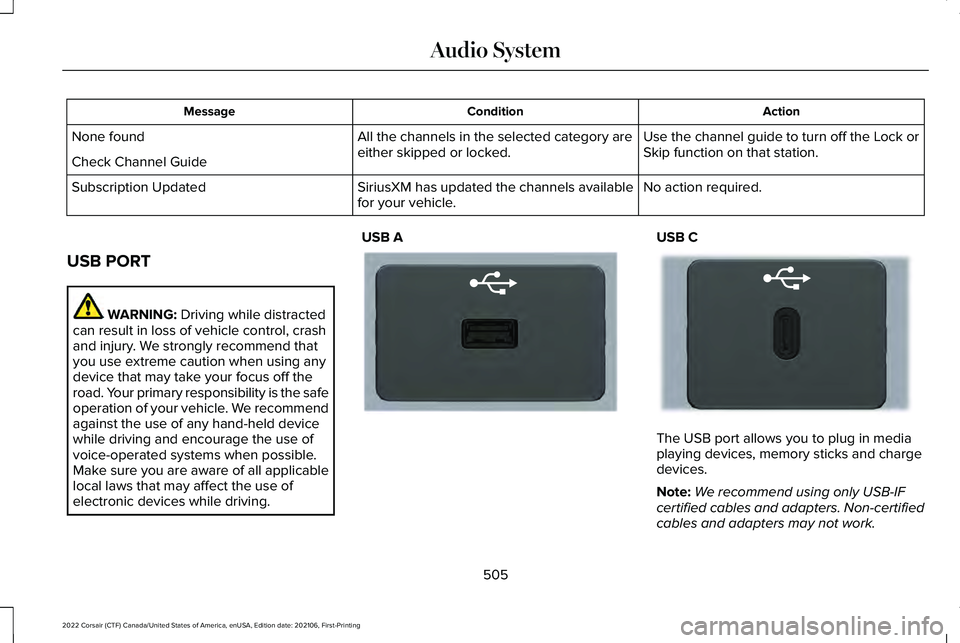 LINCOLN CORSAIR 2022  Owners Manual Action
Condition
Message
Use the channel guide to turn off the Lock or
Skip function on that station.
All the channels in the selected category are
either skipped or locked.
None found
Check Channel G