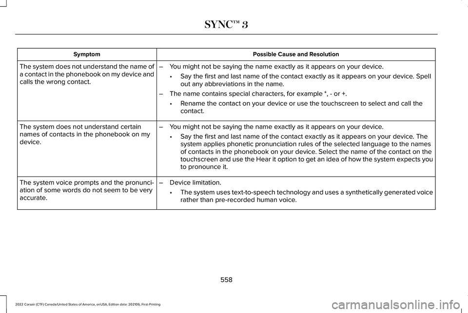 LINCOLN CORSAIR 2022  Owners Manual Possible Cause and Resolution
Symptom
–You might not be saying the name exactly as it appears on your device.
•Say the first and last name of the contact exactly as it appears on your\
 device. Sp
