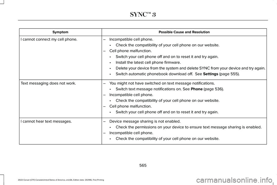 LINCOLN CORSAIR 2022  Owners Manual Possible Cause and Resolution
Symptom
–Incompatible cell phone.
•Check the compatibility of your cell phone on our website.
– Cell phone malfunction.
•Switch your cell phone off and on to rese