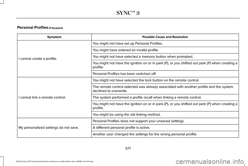 LINCOLN CORSAIR 2022  Owners Manual Personal Profiles (If Equipped)
Possible Cause and Resolution
Symptom
You might not have set up Personal Profiles.
I cannot create a profile. You might have entered an invalid profile.
You might not h