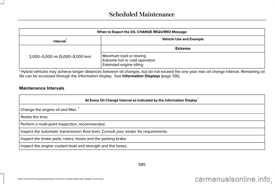 LINCOLN CORSAIR 2022  Owners Manual When to Expect the OIL CHANGE REQUIRED Message
Vehicle Use and Example
Interval 1
Extreme
3,000–5,000 mi (5,000–8,000 km) Maximum load or towing
Extreme hot or cold operation
Extended engine idlin