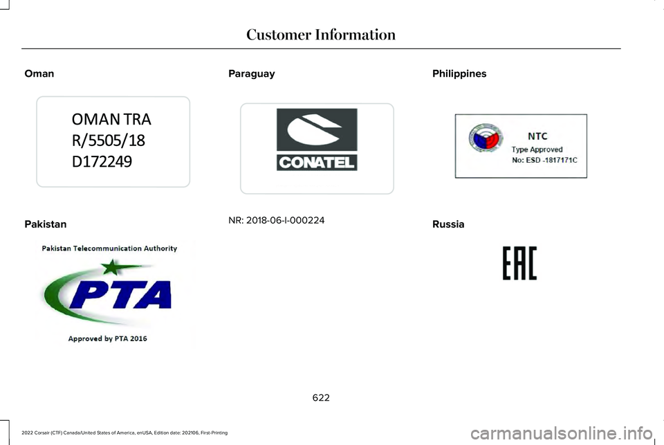 LINCOLN CORSAIR 2022  Owners Manual Oman
Pakistan Paraguay
NR: 2018-06-I-000224
Philippines Russia
622
2022 Corsair (CTF) Canada/United States of America, enUSA, Edition date: 202106, First-Printing Customer InformationE341834  E337974 