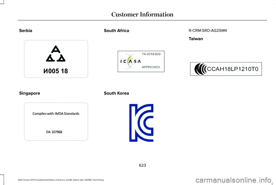 LINCOLN CORSAIR 2022  Owners Manual Serbia
Singapore South Africa
South Korea R-CRM-SRD-AG2SM4
Taiwan
623
2022 Corsair (CTF) Canada/United States of America, enUSA, Edition date: 202106, First-Printing Customer InformationE338019  E3399