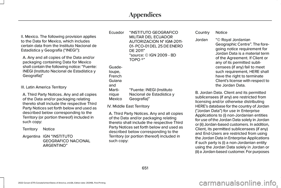LINCOLN CORSAIR 2022  Owners Manual II. Mexico. The following provision applies
to the Data for Mexico, which includes
certain data from the Instituto Nacional de
Estadística y Geografía (“INEGI”):
A. Any and all copies of the Dat