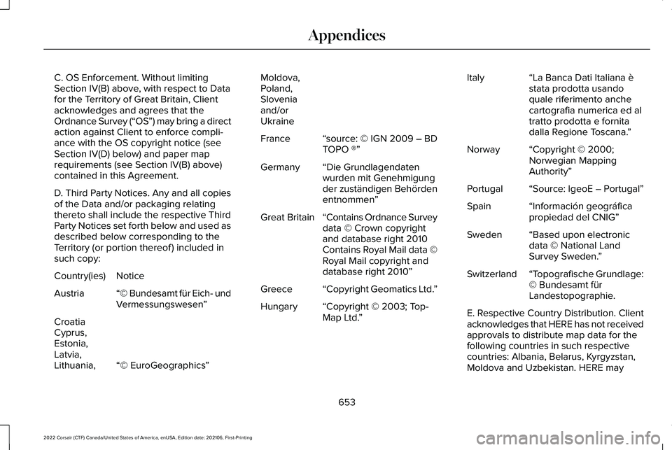 LINCOLN CORSAIR 2022  Owners Manual C. OS Enforcement. Without limiting
Section IV(B) above, with respect to Data
for the Territory of Great Britain, Client
acknowledges and agrees that the
Ordnance Survey (“
OS”) may bring a direct