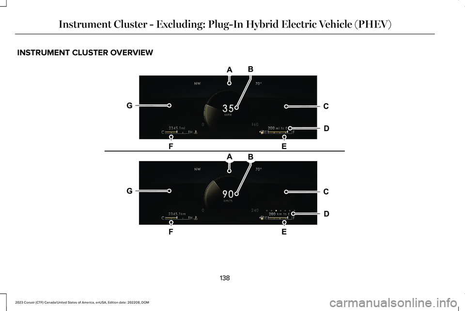 LINCOLN CORSAIR 2023  Owners Manual INSTRUMENT CLUSTER OVERVIEW
138
2023 Corsair (CTF) Canada/United States of America, enUSA, Edition date: 202208, DOMInstrument Cluster - Excluding: Plug-In Hybrid Electric Vehicle (PHEV)E297320   