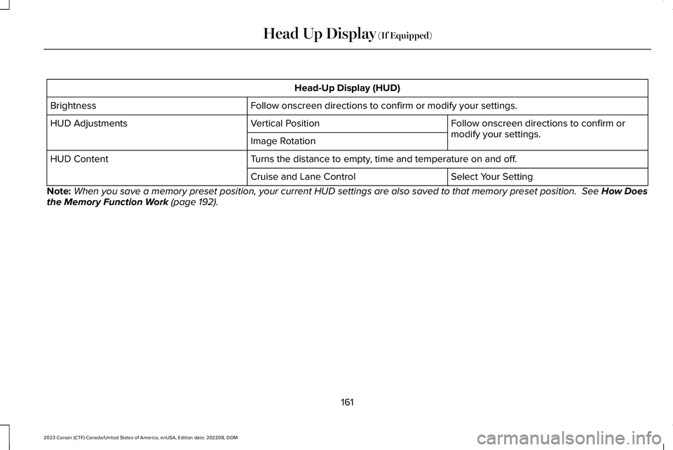 LINCOLN CORSAIR 2023  Owners Manual Head-Up Display (HUD)
Follow onscreen directions to confirm or modify your settings.Brightness
Follow onscreen directions to confirm ormodify your settings.Vertical PositionHUD Adjustments
Image Rotat