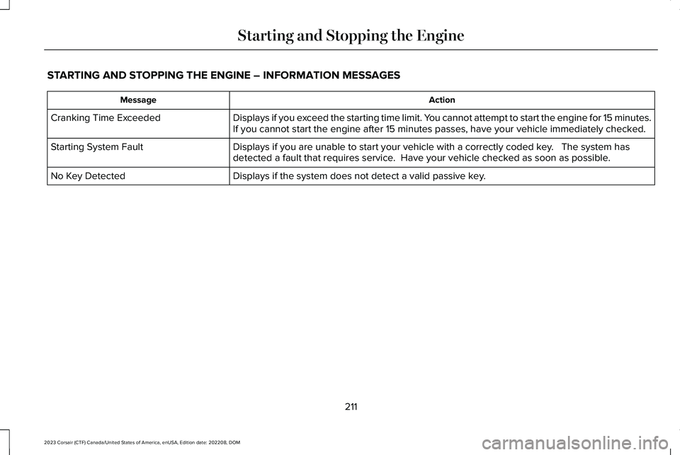 LINCOLN CORSAIR 2023  Owners Manual STARTING AND STOPPING THE ENGINE – INFORMATION MESSAGES
ActionMessage
Displays if you exceed the starting time limit. You cannot attempt to start the engine for 15 minutes.If you cannot start the en