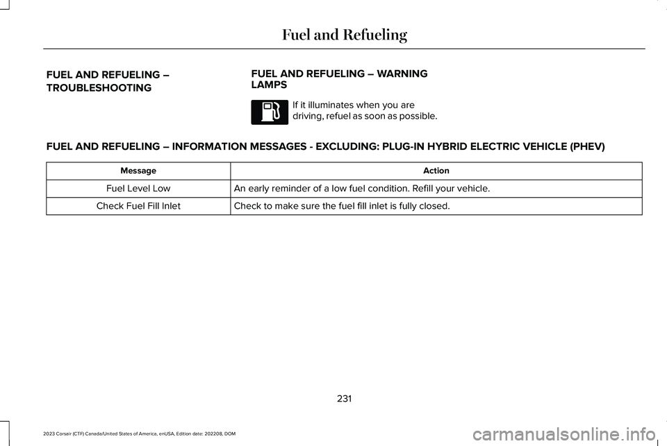 LINCOLN CORSAIR 2023  Owners Manual FUEL AND REFUELING –
TROUBLESHOOTING
FUEL AND REFUELING – WARNINGLAMPS
If it illuminates when you aredriving, refuel as soon as possible.
FUEL AND REFUELING – INFORMATION MESSAGES - EXCLUDING: P