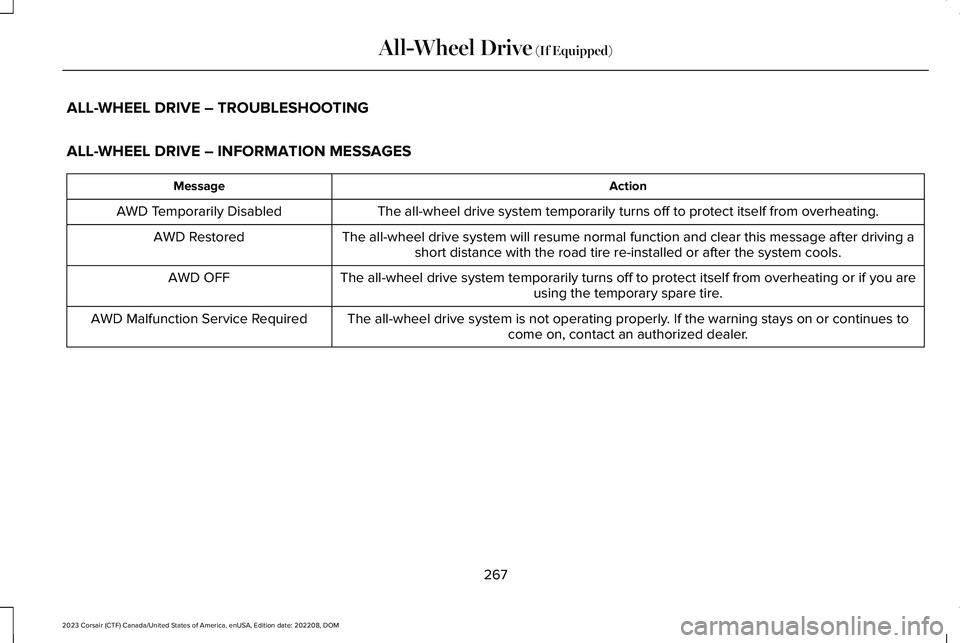 LINCOLN CORSAIR 2023  Owners Manual ALL-WHEEL DRIVE – TROUBLESHOOTING
ALL-WHEEL DRIVE – INFORMATION MESSAGES
ActionMessage
The all-wheel drive system temporarily turns off to protect itself from overheating.AWD Temporarily Disabled
