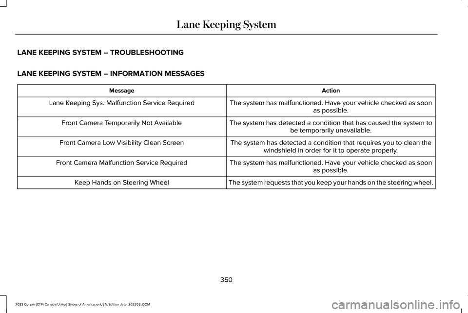 LINCOLN CORSAIR 2023  Owners Manual LANE KEEPING SYSTEM – TROUBLESHOOTING
LANE KEEPING SYSTEM – INFORMATION MESSAGES
ActionMessage
The system has malfunctioned. Have your vehicle checked as soonas possible.Lane Keeping Sys. Malfunct