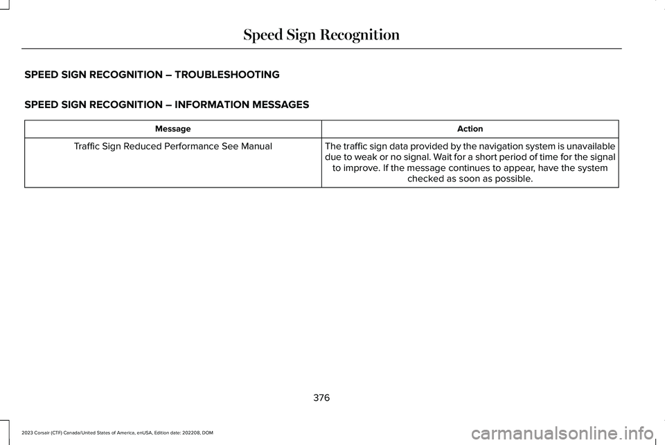 LINCOLN CORSAIR 2023  Owners Manual SPEED SIGN RECOGNITION – TROUBLESHOOTING
SPEED SIGN RECOGNITION – INFORMATION MESSAGES
ActionMessage
The traffic sign data provided by the navigation system is unavailabledue to weak or no signal.