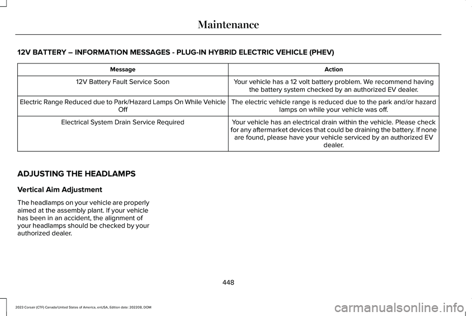 LINCOLN CORSAIR 2023  Owners Manual 12V BATTERY – INFORMATION MESSAGES - PLUG-IN HYBRID ELECTRIC VEHICLE (PHEV)
ActionMessage
Your vehicle has a 12 volt battery problem. We recommend havingthe battery system checked by an authorized E