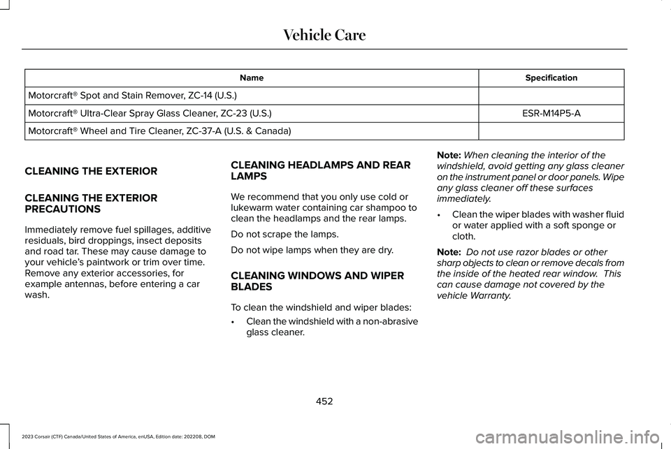 LINCOLN CORSAIR 2023  Owners Manual SpecificationName
Motorcraft® Spot and Stain Remover, ZC-14 (U.S.)
ESR-M14P5-AMotorcraft® Ultra-Clear Spray Glass Cleaner, ZC-23 (U.S.)
Motorcraft® Wheel and Tire Cleaner, ZC-37-A (U.S. & Canada)
C