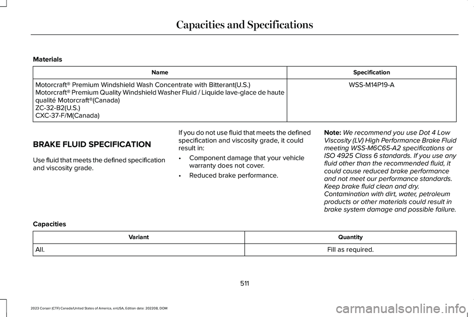 LINCOLN CORSAIR 2023  Owners Manual Materials
SpecificationName
WSS-M14P19-AMotorcraft® Premium Windshield Wash Concentrate with Bitterant(U.S.)Motorcraft® Premium Quality Windshield Washer Fluid / Liquide lave-glace de hautequalité 
