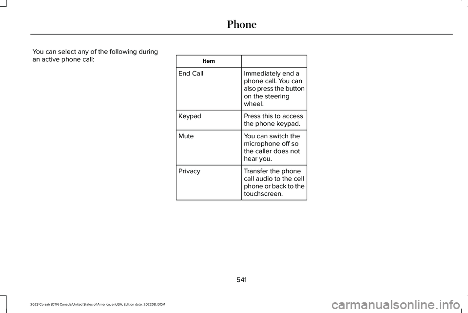 LINCOLN CORSAIR 2023  Owners Manual You can select any of the following duringan active phone call:Item
Immediately end aphone call. You canalso press the buttonon the steeringwheel.
End Call
Press this to accessthe phone keypad.Keypad

