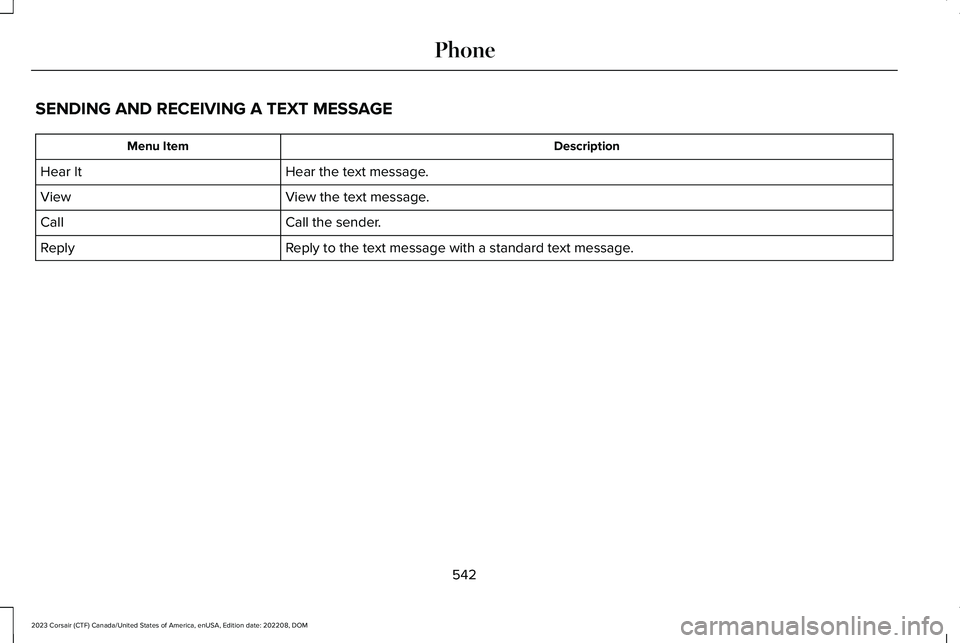 LINCOLN CORSAIR 2023  Owners Manual SENDING AND RECEIVING A TEXT MESSAGE
DescriptionMenu Item
Hear the text message.Hear It
View the text message.View
Call the sender.Call
Reply to the text message with a standard text message.Reply
542