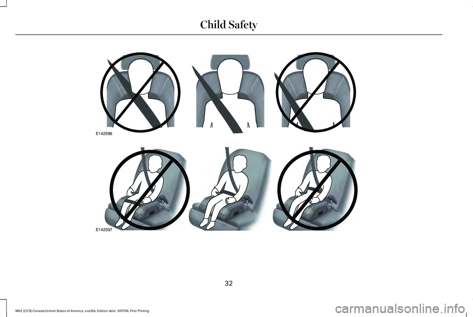 LINCOLN MKZ 2018  Owners Manual 32
MKZ (CC9) Canada/United States of America, enUSA, Edition date: 201706, First Printing
Child SafetyE142596 E142597  