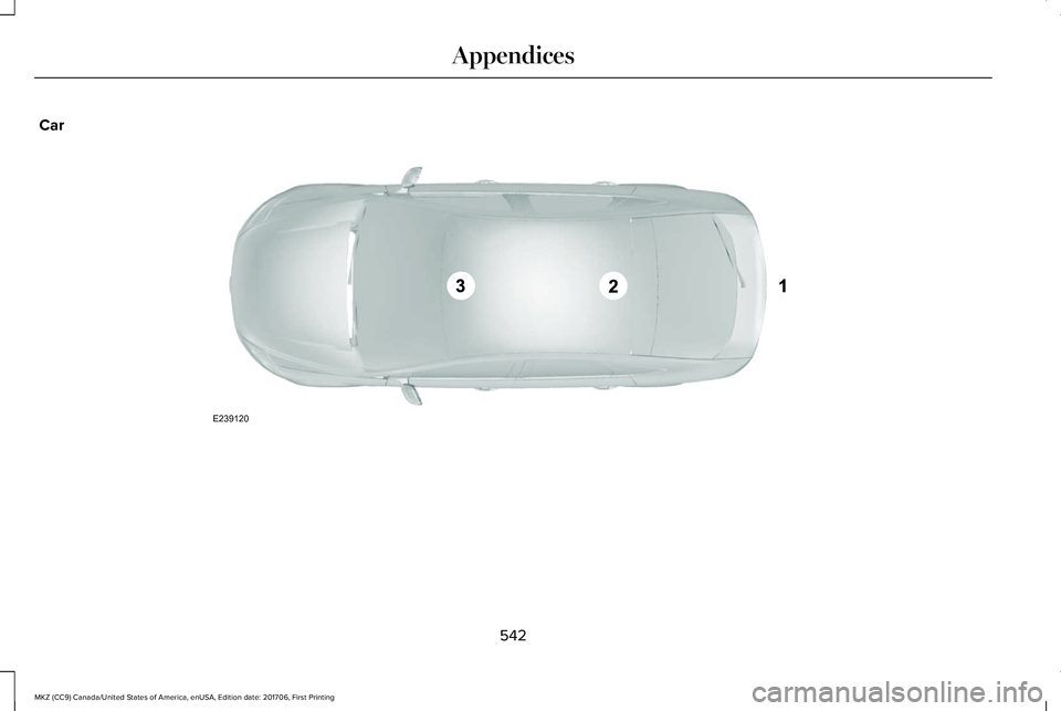 LINCOLN MKZ 2018  Owners Manual Car
542
MKZ (CC9) Canada/United States of America, enUSA, Edition date: 201706, First Printing
AppendicesE239120  