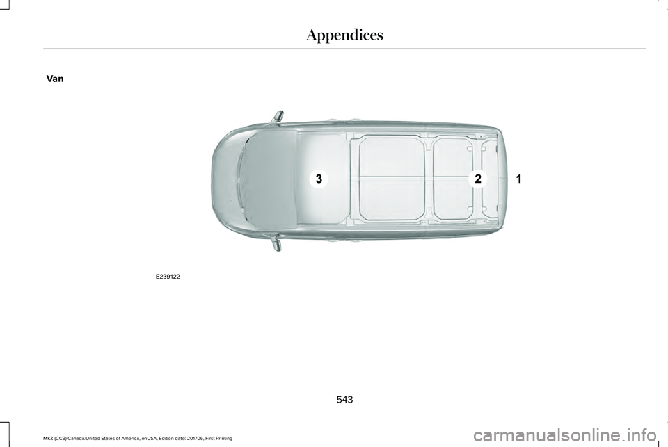 LINCOLN MKZ 2018  Owners Manual Van
543
MKZ (CC9) Canada/United States of America, enUSA, Edition date: 201706, First Printing
AppendicesE239122  