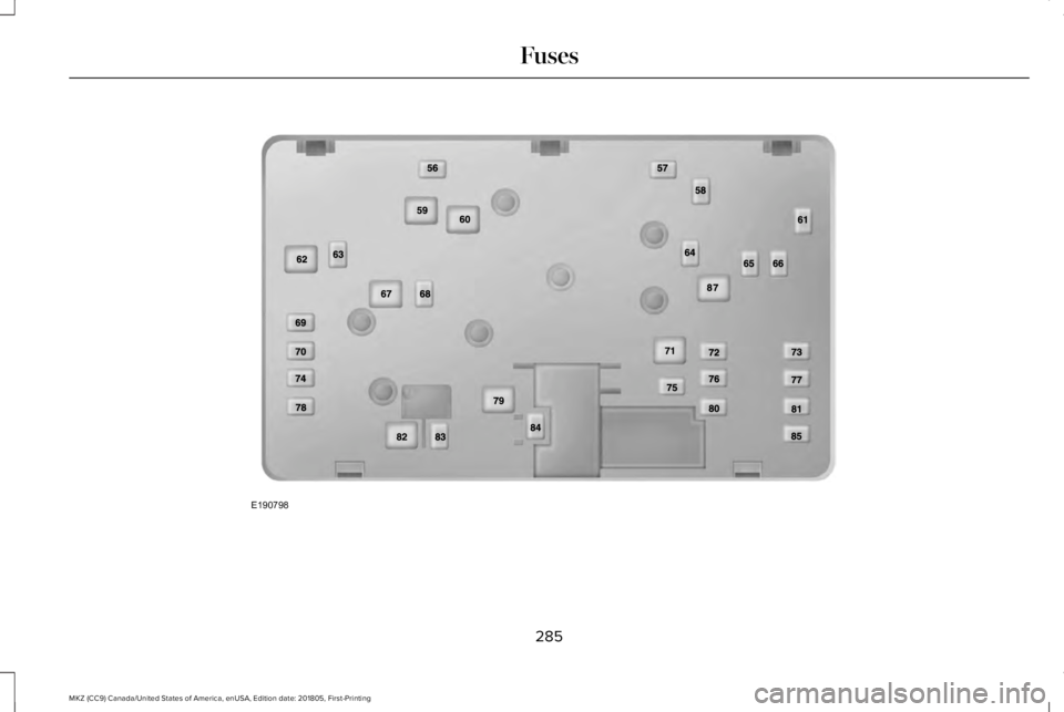 LINCOLN MKZ 2019  Owners Manual 285
MKZ (CC9) Canada/United States of America, enUSA, Edition date: 201805, First-Printing
FusesE190798  