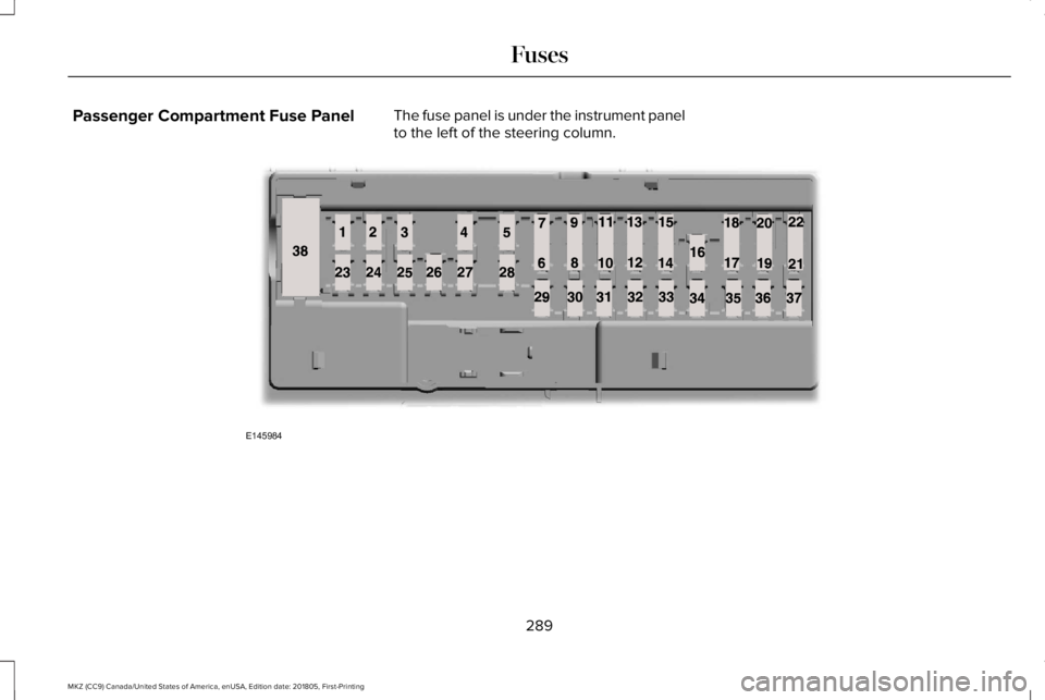 LINCOLN MKZ 2019  Owners Manual Passenger Compartment Fuse PanelThe fuse panel is under the instrument panelto the left of the steering column.
289
MKZ (CC9) Canada/United States of America, enUSA, Edition date: 201805, First-Printi