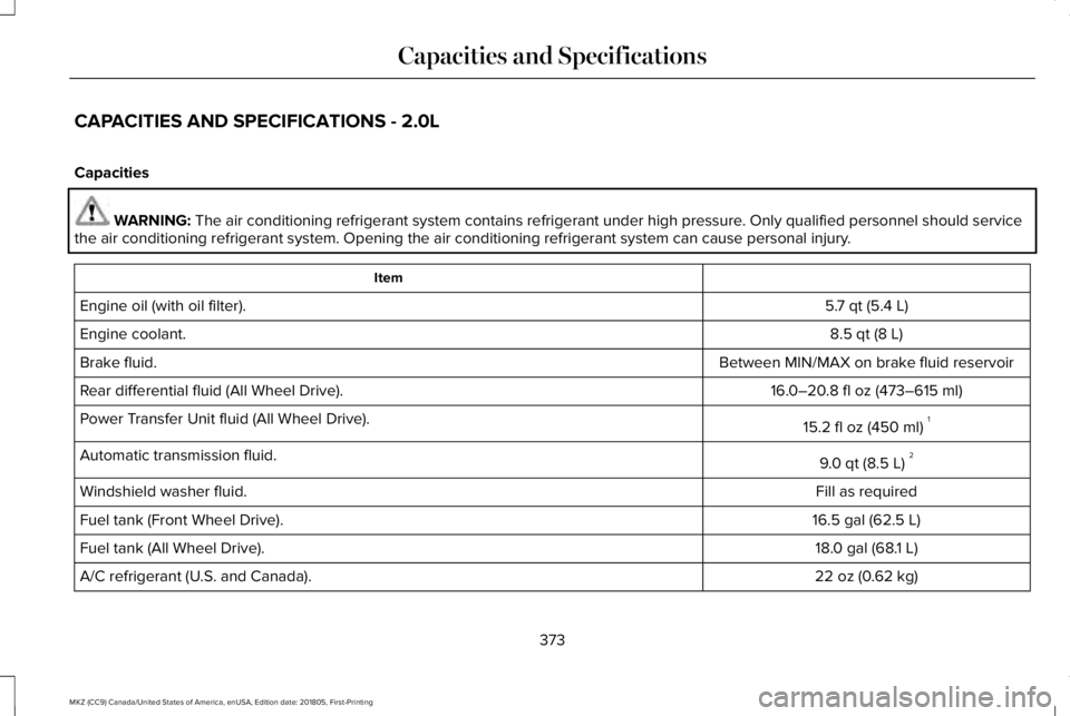 LINCOLN MKZ 2019  Owners Manual CAPACITIES AND SPECIFICATIONS - 2.0L
Capacities
WARNING: The air conditioning refrigerant system contains refrigerant under high pressure. Only qualified personnel should servicethe air conditioning r