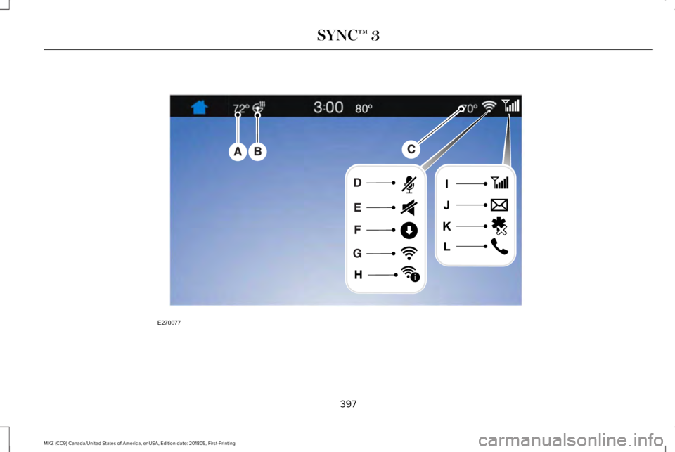 LINCOLN MKZ 2019  Owners Manual 397
MKZ (CC9) Canada/United States of America, enUSA, Edition date: 201805, First-Printing
SYNC™ 3E270077
i  