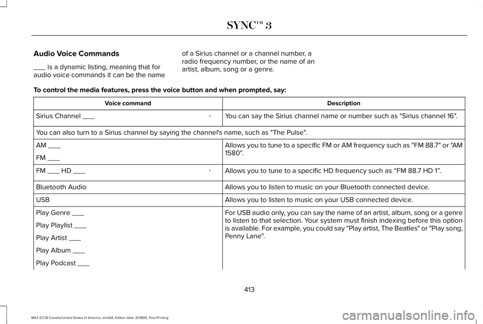 LINCOLN MKZ 2019 Owners Manual Audio Voice Commands
___ is a dynamic listing, meaning that foraudio voice commands it can be the name
of a Sirius channel or a channel number, aradio frequency number, or the name of anartist, album, LINCOLN MKZ 2019 Owners Manual Audio Voice Commands
___ is a dynamic listing, meaning that foraudio voice commands it can be the name
of a Sirius channel or a channel number, aradio frequency number, or the name of anartist, album,