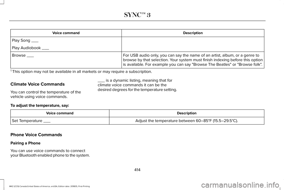 LINCOLN MKZ 2019  Owners Manual DescriptionVoice command
Play Song ___
Play Audiobook ___
For USB audio only, you can say the name of an artist, album, or a genre tobrowse by that selection. Your system must finish indexing before t