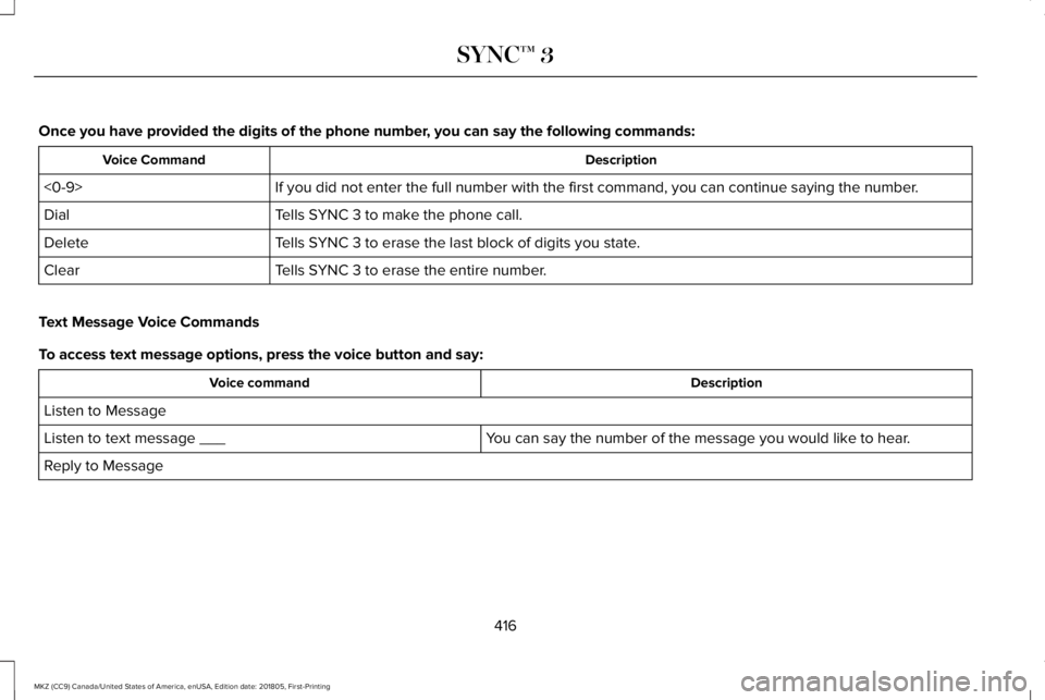 LINCOLN MKZ 2019  Owners Manual Once you have provided the digits of the phone number, you can say the following commands:
DescriptionVoice Command
If you did not enter the full number with the first command, you can continue saying