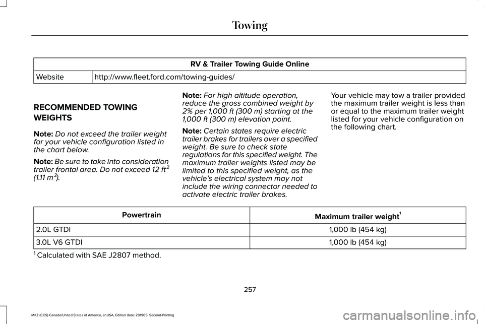 LINCOLN MKZ 2020 Owners Manual RV & Trailer Towing Guide Online
http://www.fleet.ford.com/towing-guides/
Website
RECOMMENDED TOWING
WEIGHTS
Note: Do not exceed the trailer weight
for your vehicle configuration listed in
the chart b LINCOLN MKZ 2020 Owners Manual RV & Trailer Towing Guide Online
http://www.fleet.ford.com/towing-guides/
Website
RECOMMENDED TOWING
WEIGHTS
Note: Do not exceed the trailer weight
for your vehicle configuration listed in
the chart b