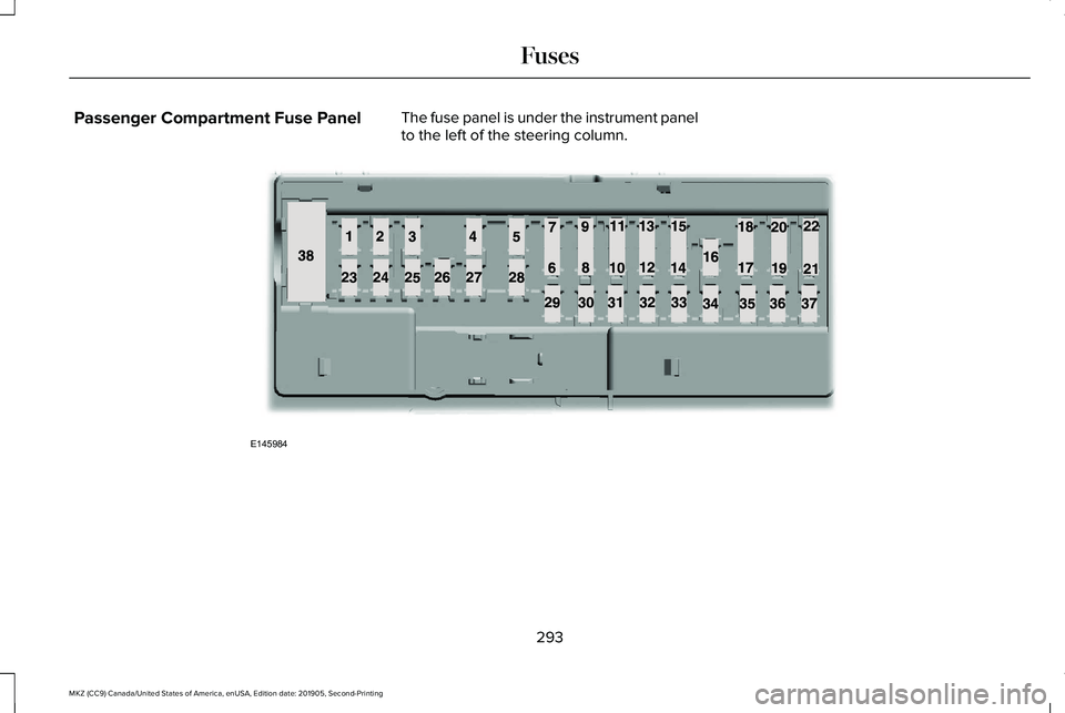 LINCOLN MKZ 2020  Owners Manual Passenger Compartment Fuse Panel
The fuse panel is under the instrument panel
to the left of the steering column. 293
MKZ (CC9) Canada/United States of America, enUSA, Edition date: 201905, Second-Pri