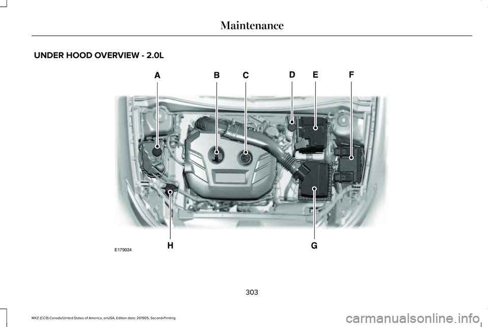 LINCOLN MKZ 2020  Owners Manual UNDER HOOD OVERVIEW - 2.0L
303
MKZ (CC9) Canada/United States of America, enUSA, Edition date: 201905, Second-Printing MaintenanceE179024  