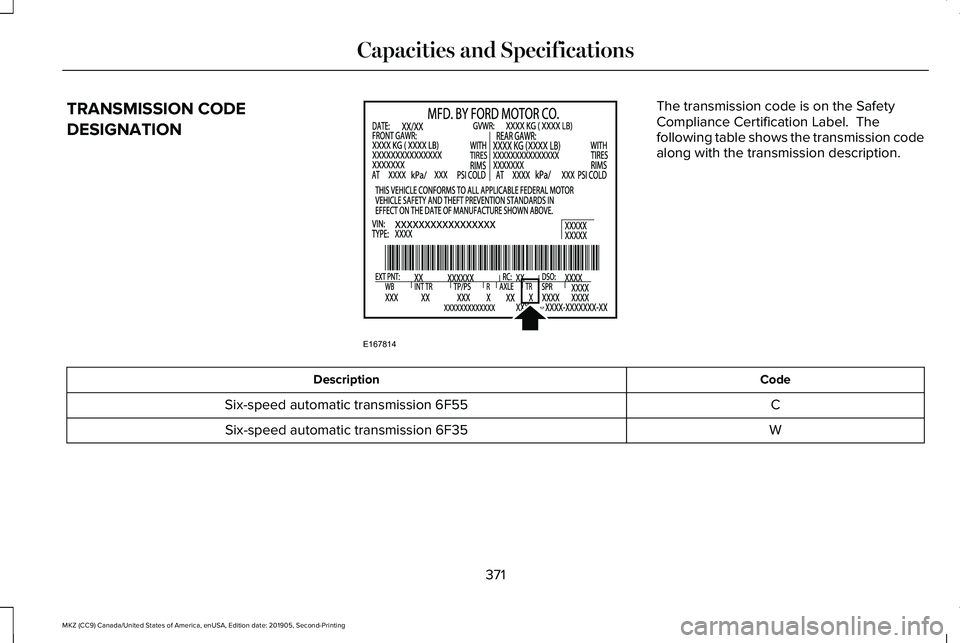 LINCOLN MKZ 2020  Owners Manual TRANSMISSION CODE
DESIGNATION The transmission code is on the Safety
Compliance Certification Label.  The
following table shows the transmission code
along with the transmission description.
Code
Desc