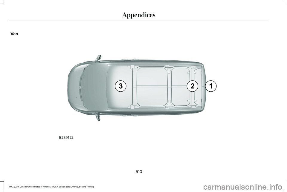 LINCOLN MKZ 2020  Owners Manual Van
510
MKZ (CC9) Canada/United States of America, enUSA, Edition date: 201905, Second-Printing AppendicesE239122  