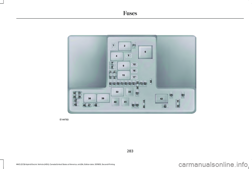 LINCOLN MKZ HYBRID 2020  Owners Manual 283
MKZ (CC9) Hybrid Electric Vehicle (HEV), Canada/United States of America, enUSA, Edition date: 201905, Second-Printing FusesE144783  