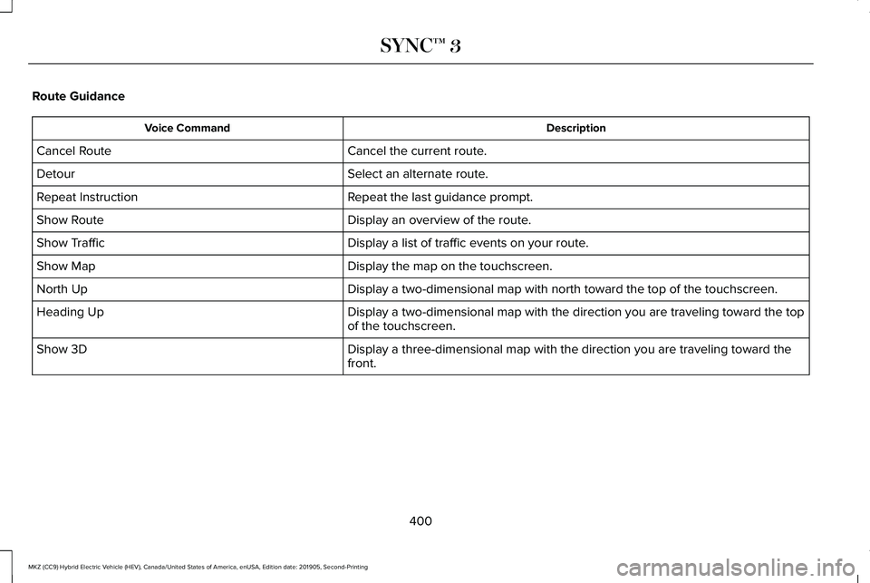 LINCOLN MKZ HYBRID 2020  Owners Manual Route Guidance
Description
Voice Command
Cancel the current route.
Cancel Route
Select an alternate route.
Detour
Repeat the last guidance prompt.
Repeat Instruction
Display an overview of the route.

