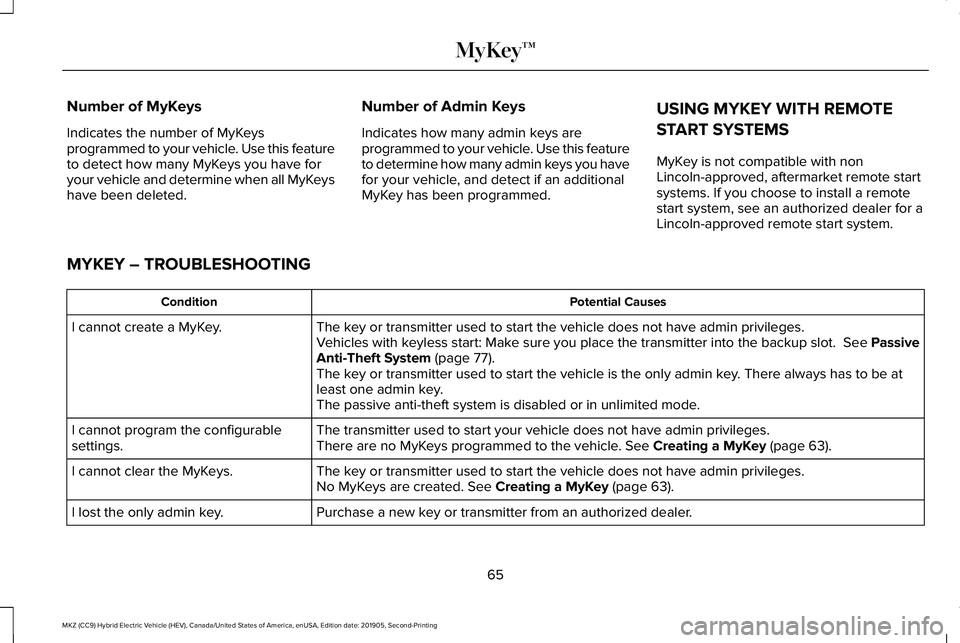 LINCOLN MKZ HYBRID 2020  Owners Manual Number of MyKeys
Indicates the number of MyKeys
programmed to your vehicle. Use this feature
to detect how many MyKeys you have for
your vehicle and determine when all MyKeys
have been deleted.
Number