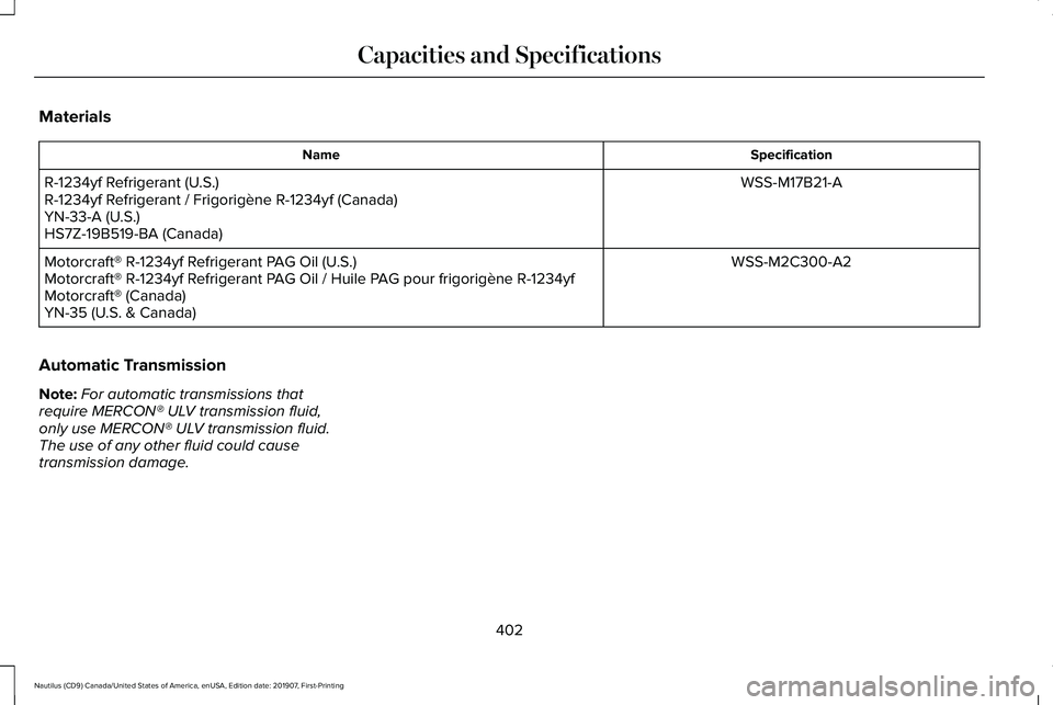 LINCOLN NAUTILUS 2020  Owners Manual Materials
Specification
Name
WSS-M17B21-A
R-1234yf Refrigerant (U.S.)
R-1234yf Refrigerant / Frigorigène R-1234yf (Canada)
YN-33-A (U.S.)
HS7Z-19B519-BA (Canada)
WSS-M2C300-A2
Motorcraft® R-1234yf R