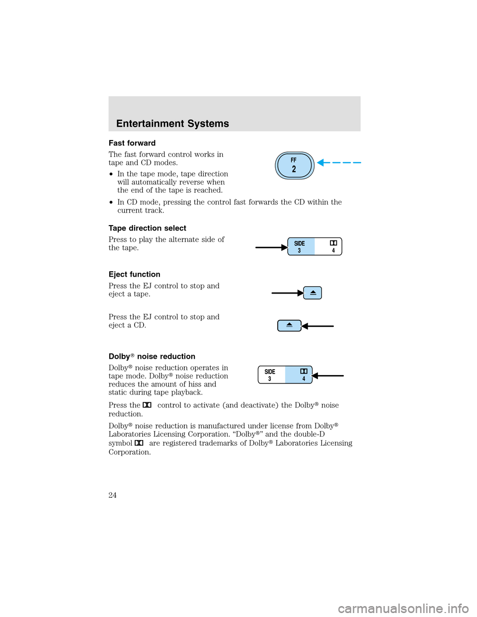 LINCOLN AVIATOR 2003  Owners Manual Fast forward
The fast forward control works in
tape and CD modes.
•In the tape mode, tape direction
will automatically reverse when
the end of the tape is reached.
•In CD mode, pressing the contro