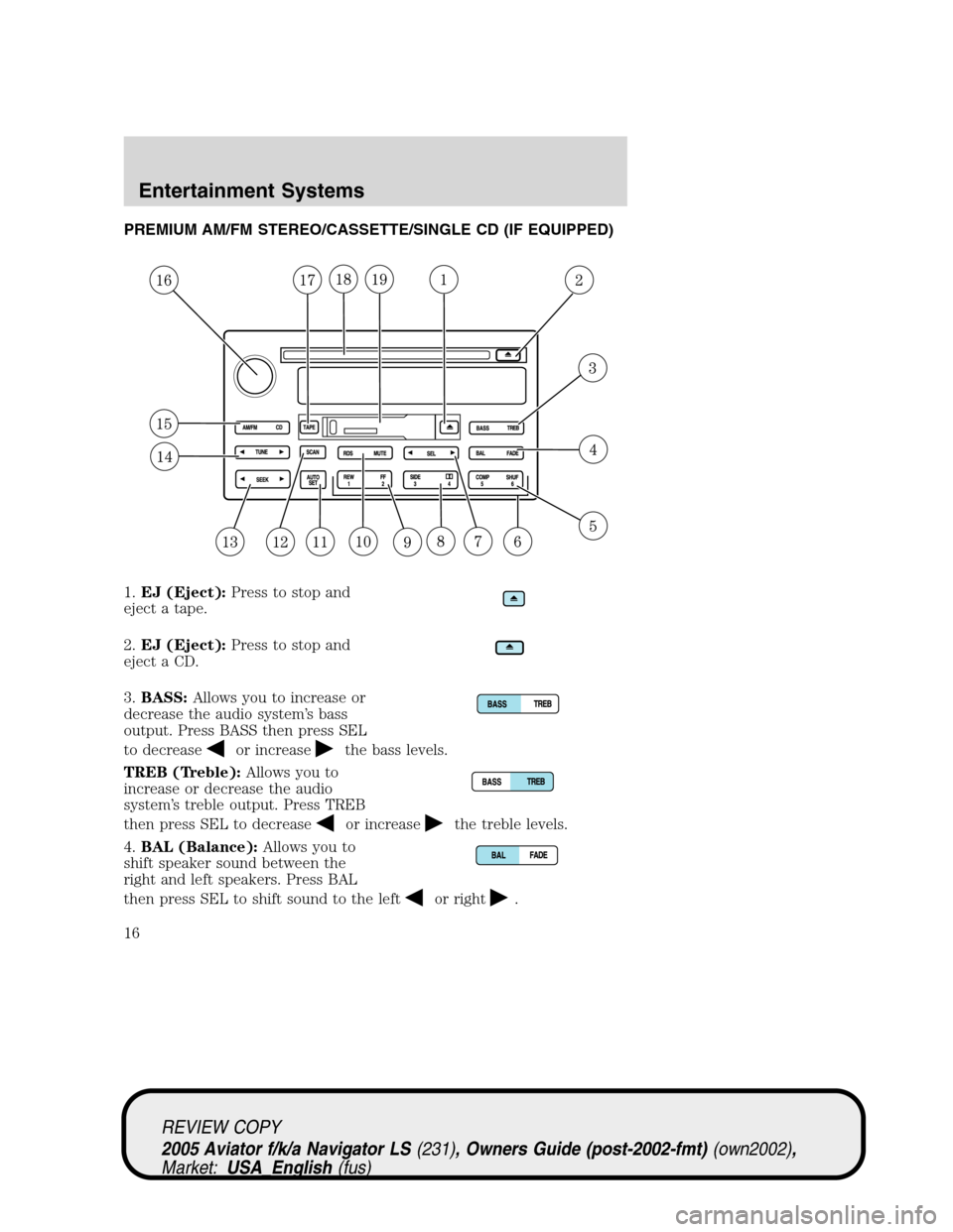 LINCOLN AVIATOR 2005  Owners Manual PREMIUM AM/FM STEREO/CASSETTE/SINGLE CD (IF EQUIPPED)
1.EJ (Eject):Press to stop and
eject a tape.
2.EJ (Eject):Press to stop and
eject a CD.
3.BASS:Allows you to increase or
decrease the audio system